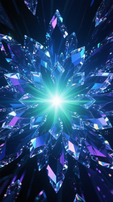 一张具有高度视觉冲击力的抽象背景图，整体呈现出以深邃海洋蓝、森林绿和神秘靛紫为主色调的梦幻渐变效果。画面中心是明亮的光点，光芒向四周呈放射状扩散，形成无数锐利而透明的花瓣状结构。这些花瓣边缘闪烁着冷色调的虹彩光泽，内部则呈现出从深蓝到翠绿的平滑过渡，仿佛由亿万颗微小的冰晶或宝石碎片组成。整体构图采用中心对称式布局，具有强烈的视觉引导性，光线从中心向外逐渐减弱，营造出深邃而神秘的空间感。画面充满……预览效果