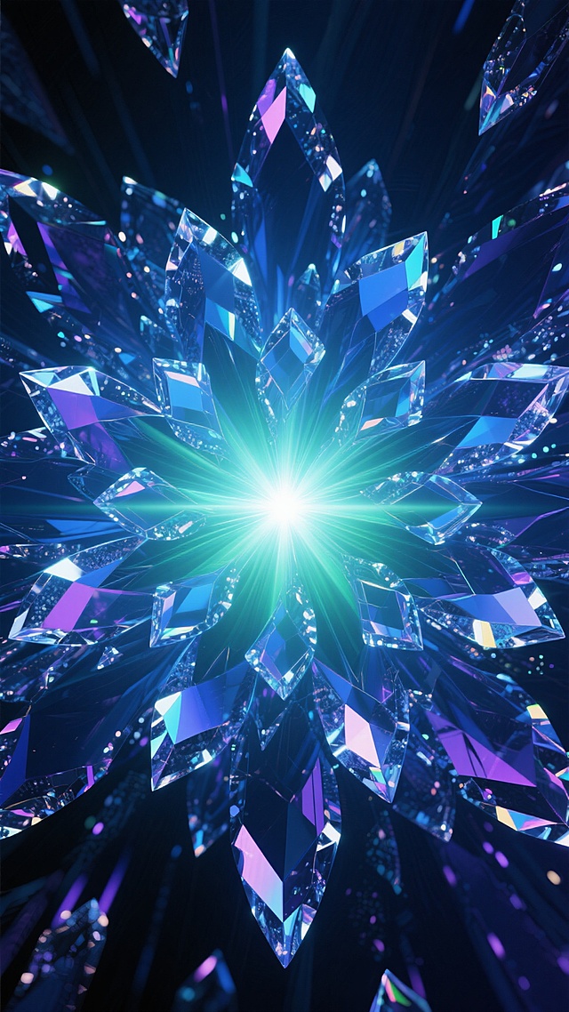 一张具有高度视觉冲击力的抽象背景图，整体呈现出以深邃海洋蓝、森林绿和神秘靛紫为主色调的梦幻渐变效果。画面中心是明亮的光点，光芒向四周呈放射状扩散，形成无数锐利而透明的花瓣状结构。这些花瓣边缘闪烁着冷色调的虹彩光泽，内部则呈现出从深蓝到翠绿的平滑过渡，仿佛由亿万颗微小的冰晶或宝石碎片组成。整体构图采用中心对称式布局，具有强烈的视觉引导性，光线从中心向外逐渐减弱，营造出深邃而神秘的空间感。画面充满了动感与活力，同时又保持着梦幻般的宁静氛围，适合作为高端科技产品、时尚品牌或冥想应用的背景图。