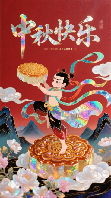 大师级排版设计，字体进行抽象变形，字体流畅且富有艺术感。创意大标题“中秋快乐”。日漫风格，哪吒举着一个巨大的月饼的特写，衣摆飘逸。周围环绕着祥云和盛开的花朵，背景山脉，红色底色，非常规的动态构图预览效果
