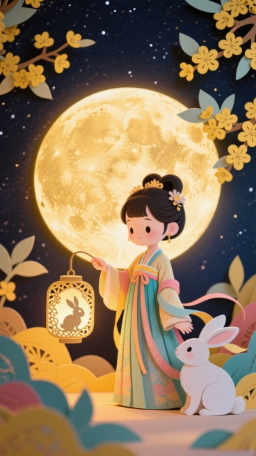 Q版古装少女身着襦裙，轻提映有玉兔剪影的镂空灯笼，身侧蜷坐玉兔互动，中景巨大满月边缘晕染暖金柔光，背景深邃星空，四周金黄桂花枝，梦幻温馨喜庆氛围预览效果