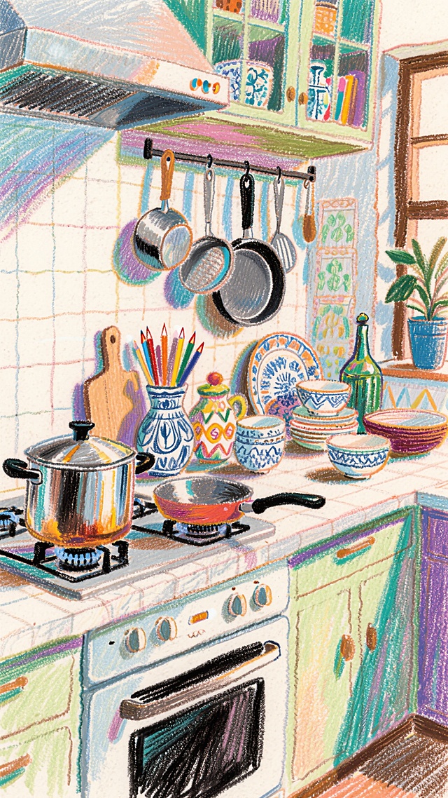 马克笔和彩色铅笔结合的手绘插画，色彩鲜艳饱和度高，绘画风格，厨房和厨房丰富的细节摆件和厨具，高清
