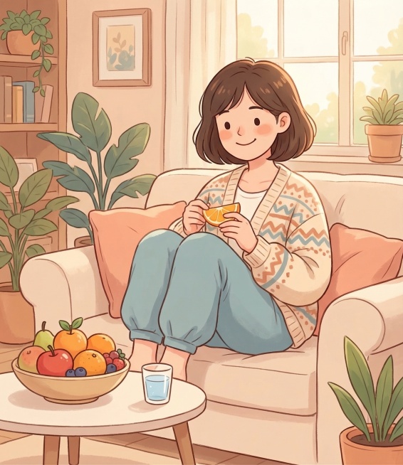 女生经期健康科普，谣言辟谣：经期可以适量吃常温温性水果，补充维生素，保持相近的卡通可爱手绘插画风格，更换人物形象，不要和之前一模一样，温暖柔和色调，丰富背景，无文字，科普插图预览效果