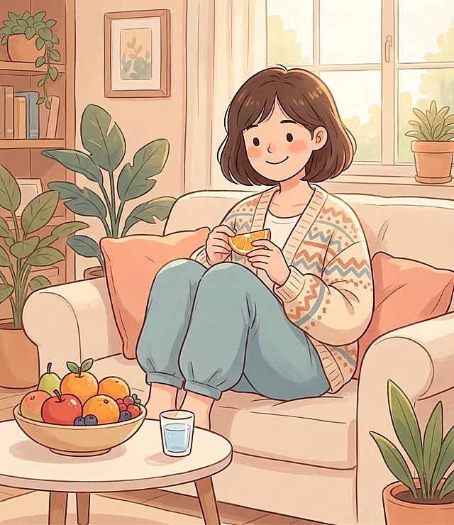 女生经期健康科普，谣言辟谣：经期可以适量吃常温温性水果，补充维生素，保持相近的卡通可爱手绘插画风格，更换人物形象，不要和之前一模一样，温暖柔和色调，丰富背景，无文字，科普插图