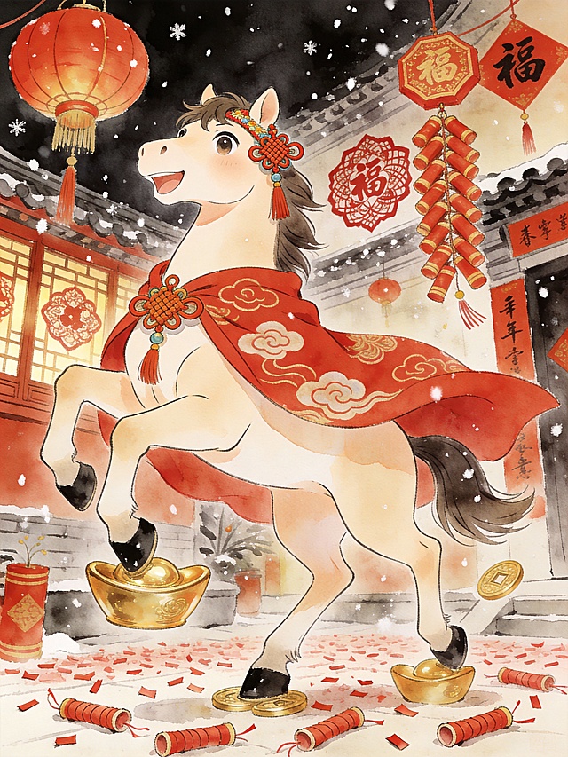 主体为卡通化拟人马形象（佩戴中国结头饰、身披红色祥云纹披风，姿态昂扬欢快，蹄下踏着金色元宝），搭配年俗元素（红灯笼、鞭炮串、剪纸窗花、春联），环境背景为热闹的新春庭院，飘着细碎雪花，地面铺着浅红色炮仗纸屑，国潮艺术风格，水彩与线条结合的媒介类型，对角线构图，视角为平视略仰视，留白充足，光影为暖色调柔光，主色为中国红与鎏金，分辨率8K，细节强度拉满