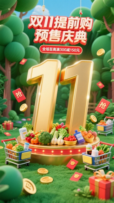 画面以巨型金色 “11” 装置为视觉核心，上方悬挂 “双11提前购 预售庆典” 立体标题牌，搭配红色圆框标注 “全场至高满300减150元”。场景中，购物车放满生鲜蔬果、日用产品等，周围散落红包、礼物预览效果