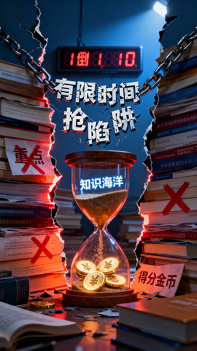 [image-一张被撕开两道裂痕的考研倒计时电子屏，背景是堆积如山的杂乱参考书。裂痕中透出刺眼红光，映照出书页上“重点”二字被打上鲜红叉号。画面中央，一个沙漏正飞速流逝，上半部分的“知识海洋”沉到下半部却凝缩成几枚发光的“得分金币”。空中悬浮着由断裂锁链拼成的立体关键词：“有限时间”、“抢分”、“陷阱”。整体色调为暗蓝与压迫感的橙红对比。]