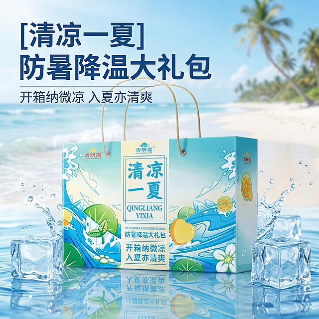 [主图 1] 防暑降温大礼包产品首图
[氛围风格] 清爽夏日风，清凉通透氛围感，食欲感满满。
[画面元素] 商业摄影质感，光线柔和通透，产品清晰真实，画面干净高级。用户提供的防暑降温大礼包礼盒居中放置，完整展示产品全貌，产品外观保持不变；背景融入夏日海边场景，清爽蓝白色调带水花和冰块元素，清凉感十足，大图满铺无边框。
[配色色系] 主色调：清新蓝绿色；辅助色：米白色、淡黄色，保持和礼盒一致的清爽配色。
[视角构图] 正面平视，景深适中，产品完整居中。
[文字版式] 顶部左对齐，主标题“[清凉一夏] 防暑降温大礼包”蓝色粗体最大字，副标题“开箱纳微凉 入夏亦清爽”字号约一半，深蓝色细体，不遮挡主体，文字和背景对比清晰易读。
[比例分辨率] 1:1 比例，800x800，超高清，文字清晰可辨。
[负向提示词]变形，水印，文字错乱，产品图模糊，背景杂乱，改变产品原有外观。