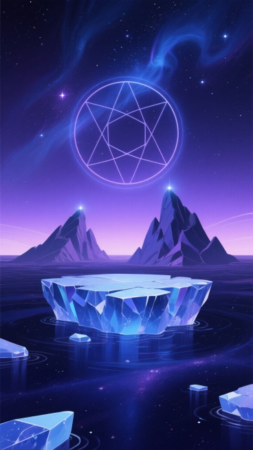 抽象艺术风格插画，深邃宇宙空间背景，暗紫色与靛蓝色渐变的星空，点缀着闪烁的星辰与飘渺星云，中央悬浮着由几何线条构成的抽象环形法阵，散发着幽幽的蓝紫色光晕，法阵下方是破碎的冰晶状平台，漂浮在深邃如宇宙的暗蓝色液体之上，远方矗立着两座抽象化的、棱角分明的岩石山峰，山峰顶端有微光闪烁，整体画面营造出神秘、静谧而充满未知的宇宙奇幻氛围，光线柔和，带有轻微的光晕效果，色调以深紫、靛蓝、幽蓝为主，呈现出宇……预览效果