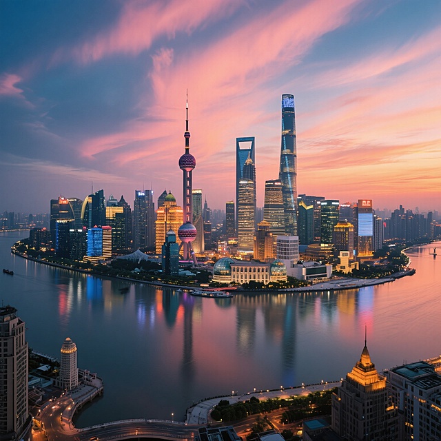 上海陆家嘴金融中心的航拍全景，标志性建筑包括东方明珠电视塔、上海环球金融中心和上海中心大厦，摩天大楼群在日落时分被温暖的橙粉色霞光与深蓝渐变的天空笼罩，云层呈现出丰富的层次感和流动感，黄浦江蜿蜒穿过城市，水面倒映着建筑的璀璨灯光和天空的绚丽色彩，城市灯光已部分亮起，形成温暖的金色与冷调的蓝色交织的光影效果，整体呈现出现代、繁华且极具视觉冲击力的都市夜景氛围，采用写实主义摄影风格，高清晰度，广角视野，色彩饱满，光影对比强烈，强调城市天际线的宏伟与江水的灵动。