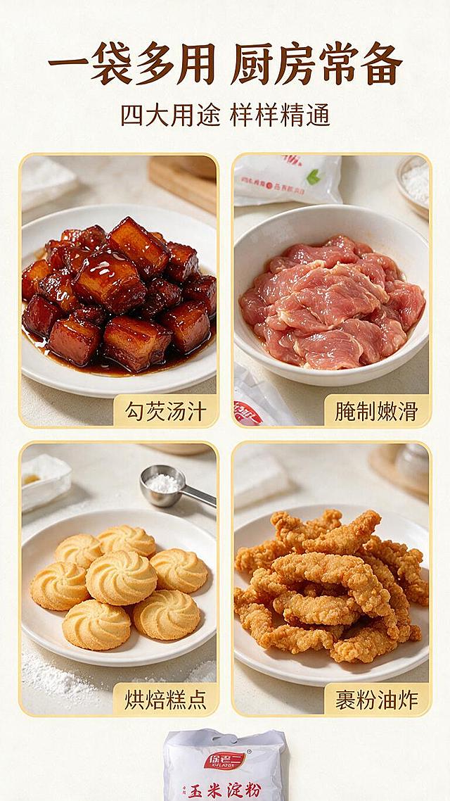 [第6张] 多用途场景实拍页-勾芡汤汁、腌制肉片、烘焙糕点、裹粉油炸四种用途展示。本张使用【图1】作为产品包装参考，包装小面积露出。
[氛围/风格] 写实高清实拍风格，生活化厨房美食场景，四宫格拼图版式，有食欲感。
[元素布局] 画面采用2×2四宫格布局，四个圆角卡片分别展示四种用途实拍场景：左上卡片「勾芡汤汁」—— 一盘淋着透亮芡汁的青菜或红烧肉，芡汁晶莹挂汁；右上卡片「腌制肉片嫩滑」—— 一碗用淀粉腌制好的生肉片，肉片粉嫩有光泽，旁边放着淀粉袋一角；左下卡片「烘焙糕点」—— 一盘刚出炉的金黄蛋糕或饼干，旁边放着量勺和淀粉；右下卡片「裹粉油炸」—— 一盘金黄酥脆的炸里脊/炸丸子，外酥里嫩的质感；画面顶部有标题区，底部中央有产品包装袋小图露出，保持包装外观与输入图一致。
[光影质感] 每个场景都有自然厨房光影，食物色泽诱人有食欲，整体明亮温暖。
[配色色系] 全局底色 #FAFAF7（浅米白）；主色食物本色 + 白色卡片；辅助色浅玉米黄 #F5E6A8 卡片边框、深棕文字。
[视角构图] 2×2四宫格拼图，顶部标题，底部品牌露出；阅读动线从上到下、从左到右。
[文字版式] 顶部居中主标题「一袋多用 厨房常备」，温润圆角黑体深棕色；副标题「四大用途 样样精通」；每个卡片右下角有半透明浅玉米黄标签，分别写「勾芡汤汁」「腌制嫩滑」「烘焙糕点」「裹粉油炸」；文字简洁不密集。
[比例分辨率] 9:16 竖版比例，1K分辨率，文字清晰可辨，高清画质。
[负向提示词] 变形，水印，文字错乱，文字过小，包装文字错乱，产品图模糊，背景杂乱，纯天然，纯手工字样，大段密集文字