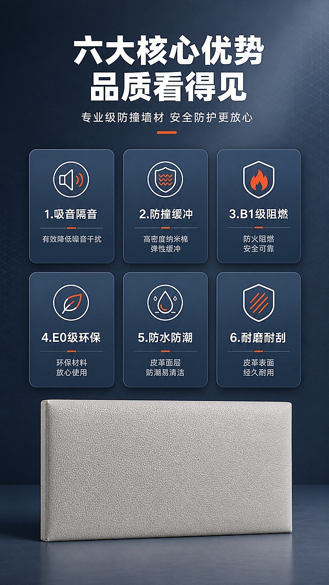 [商品] 使用【图2】纳米棉正面图和【图3】皮革三色图；商品处理：保留纳米棉真实发泡纹理、皮革荔枝纹质感和三色准确；产品做清晰化处理，不改变材质结构。
[画面] 目标：核心卖点总览，6大卖点icon卡矩阵。构图：竖版9:16，顶部标题区，中部2行×3列共6个圆角卖点卡片，每卡含图标+标题+简短说明；卡片下方放置一块浅灰色纳米棉皮革软包产品横放作为视觉锚点；背景为深蓝灰渐变，带细微几何纹理；产品占画面约25%。
[视觉] 套系策略：风格=国内电商专业工业风商业摄影；标题字=粗黑无衬线黑体；正文字=简洁无衬线中黑体；主色=深蓝灰（工程蓝）；背景延展=基于深蓝灰做深浅渐变、同色层级和细腻哑光质感；强调色=橙红色，仅用于小面积图标和标签；标题色=白色；正文色=浅灰/中灰；组件=圆角深蓝信息卡、线性图标、分割线；光影=均匀柔光，卡片有轻微投影。
[文字] 顶部主标题"六大核心优势 品质看得见"（10字），副标题"专业级防撞墙材 安全防护更放心"（12字）；6个卖点卡分别为：1.吸音隔音（有效降低噪音干扰）、2.防撞缓冲（高密度纳米棉 弹性缓冲）、3.B1级阻燃（防火阻燃 安全可靠）、4.E0级环保（环保材料 放心使用）、5.防水防潮（皮革面层 防潮易清洁）、6.耐磨耐刮（皮革表面 经久耐用）；文字全部横排。
[规格] 图片比例9:16竖版，分辨率2K，负向提示：避免变形、错字、文字过小、极限词、产品材质失真。