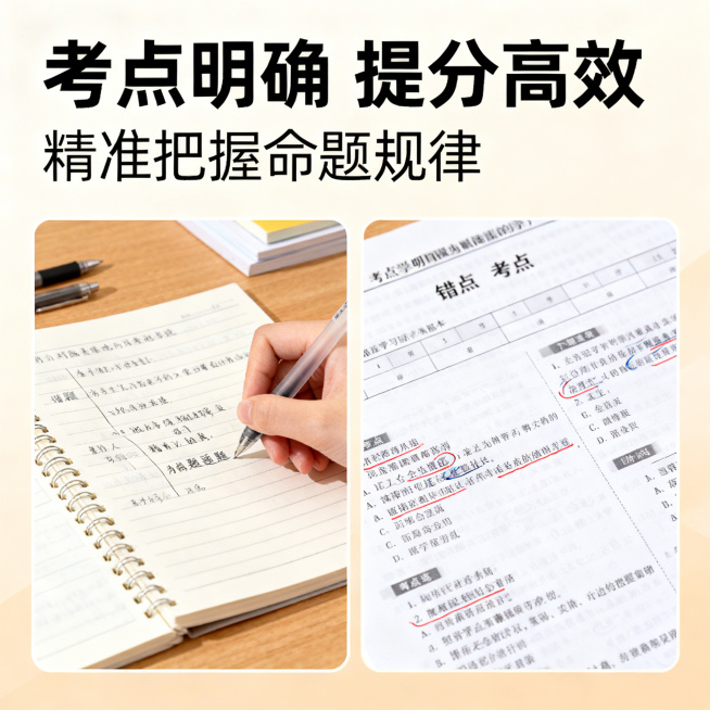 历届高考真题合集电商主图第十张，清新舒适学习风格，柔和自然光。画面左侧是学生做真题时的错题本特写，右侧是真题试卷上的考点标注特写，背景为浅米色渐变。上方标题「考点明确 提分高效」，下方小字「精准把握命预览效果