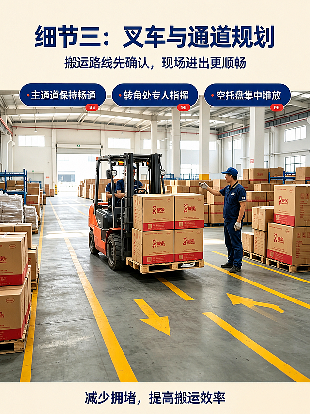 将图中所有搬运工人的长袖工作服改为短袖Polo衫，衣服主体颜色保持深蓝色不变，领子和袖口边缘改为黄白相间的细条纹边（参考参考图2的衣服样式），左胸口的黄色logo替换为半透明白色的蚂蚁搬家logo（参考参考图1的logo样式，白色半透明效果），其他场景、人物姿势、货物、文字排版均保持不变，画面风格写实，高清细节