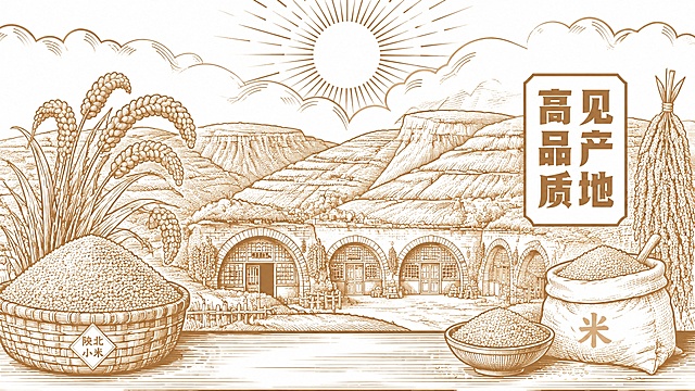 参考原图的线条版画风格，将内容替换为陕北小米，背景改为陕北窑洞和黄土高原地貌，保留太阳云朵山川构图，保留'见产地 高品质'文字排版，整体为暖棕线条手绘风格