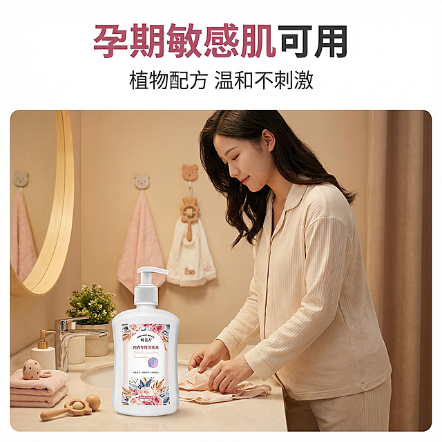 [主图 7] 孕妇人群适用场景展示
[氛围/风格] 温馨安全孕妈家庭场景
[画面元素] 一位年轻亚洲孕妈（身着浅色家居服）在卫生间整理内衣，原有洗衣液产品放在旁边洗手台上，产品外观保持不变，背景温馨暖光，布置可爱婴儿装饰，突出孕期安全洗护需求，整体柔和干净
[配色色系] 暖米色调，浅粉装饰，柔和自然
[视角构图] 中景平视，人物和产品自然结合，背景虚化突出主体
[文字版式] 主标题“孕期敏感肌 可用”深粉色加粗大号字体放在顶部，副标题“植物配方 温和不刺激”小号深灰色放在下方，文字放在顶部留白不遮挡人物
[比例分辨率] 1:1 比例，2k 分辨率
