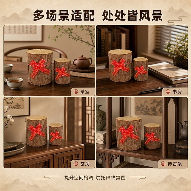 [商品] 使用【图1】【图4】杉墩木段红绳花摆饰（大小两款）；保留杉木段圆柱形结构、树皮棕褐色纹理、红绳金边蝴蝶结的颜色和造型；各场景中产品比例协调，摆放自然。
[画面] 页面目标：多场景种草，展示产品适配多种桌面空间。构图：2×2四格拼图，左上=茶室茶桌场景，右上=书房书桌场景，左下=玄关柜场景，右下=博古架场景；每格均有产品摆放，格间用细棕线分隔。景别：每格中景。阅读动线：顶部标题，四格画面，底部卖点总结。
[视觉] 套系策略：风格=新中式禅意商业摄影；标题字=阿里巴巴普惠体粗体；正文字=阿里巴巴普惠体常规；主色=暖木棕；背景延展=基于暖木棕做深浅层级、米杏渐变和宣纸/木纹质感；强调色=中国红，仅用于小面积图标、引线和标签；标题色=深棕褐；正文色=暖灰棕；组件=圆角浅棕信息卡、细棕线引线；光影=左前侧暖柔光，右侧柔和阴影。
[文字] 顶部主标题「多场景适配 处处皆风景」，每格右下角标注场景名称（茶室/书房/玄关/博古架），底部一行小字「提升空间格调 烘托雅致氛围」；文字不遮挡产品主体。
[规格] 图片比例1:1正方形，4K分辨率，负向提示：避免变形、错字、文字过小、冷蓝背景、产品颜色改变、出现极限词、出现淘宝logo、出现小标致图案、出现天然/环保/原生态等违规词。