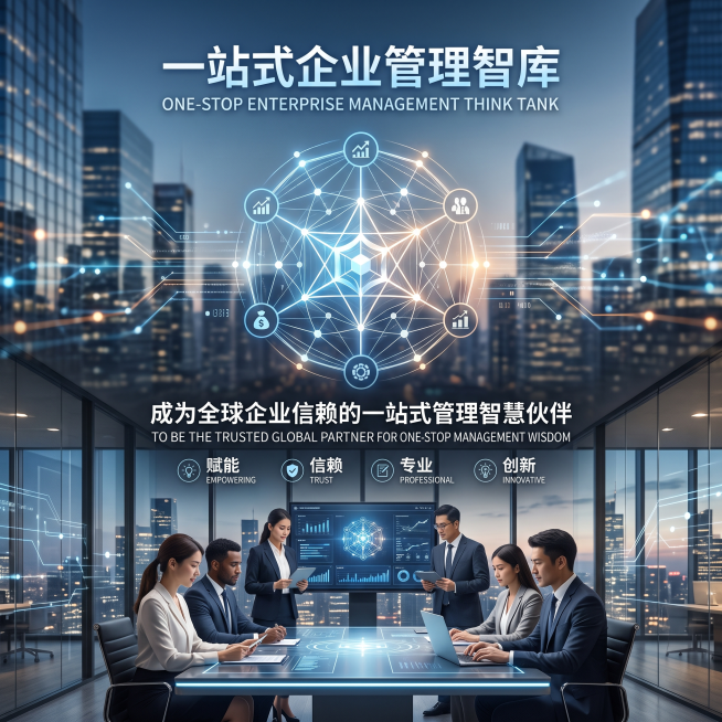 一站式企业管理智库愿景宣传图，现代简约商务风，体现信赖与专业预览效果