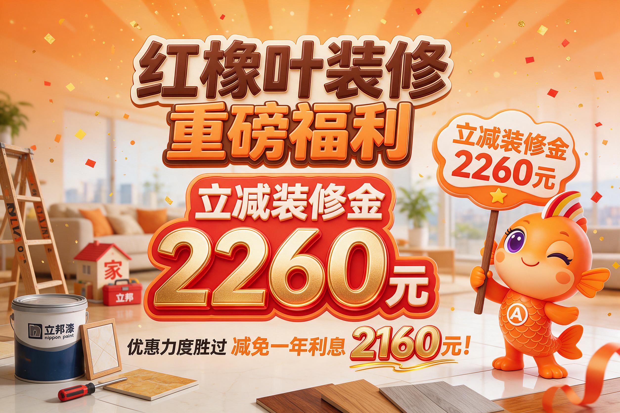 红橡叶装修重磅福利KT板海报，横版3:2比例，橙色主题配色，融… - 图片创意预览