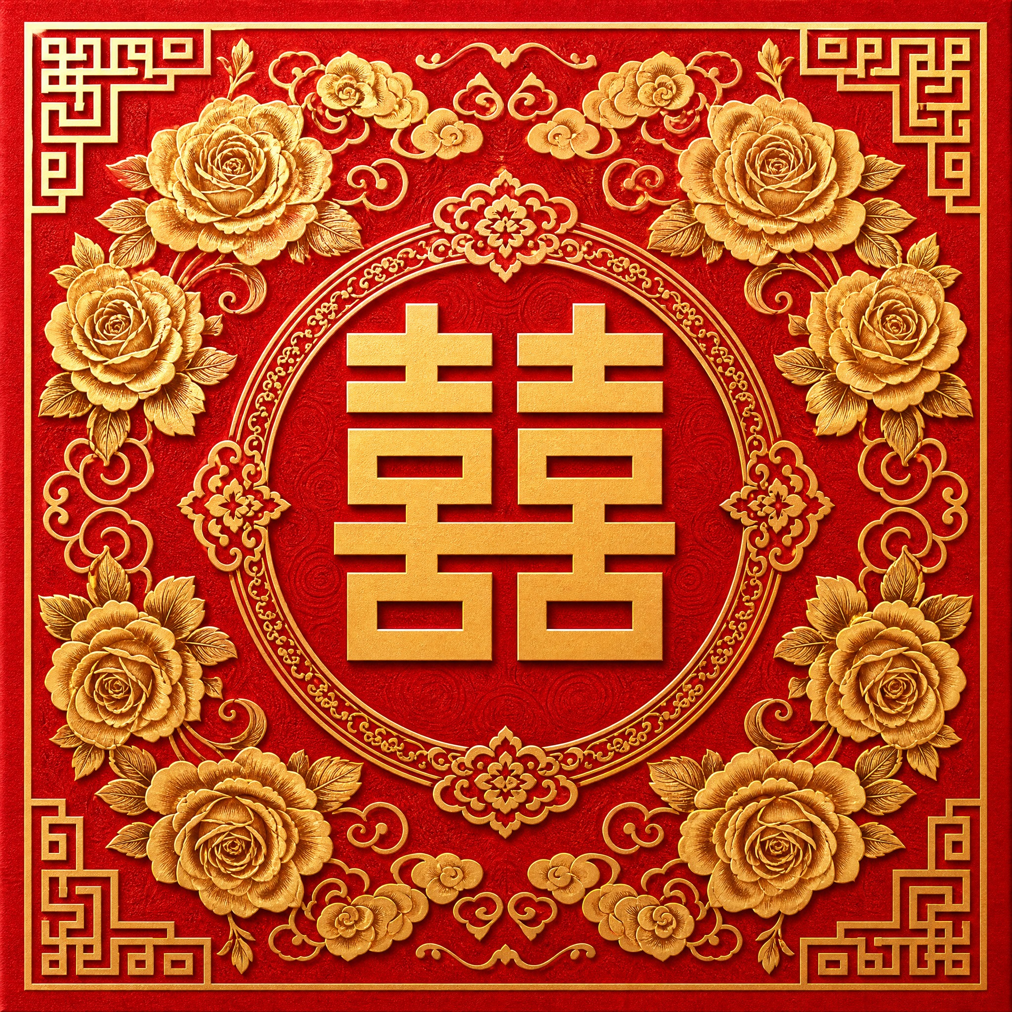 婚礼喜糖盒上盖封面设计，正红色底色，中国风喜庆风格，中央有金色… - 图片创意预览