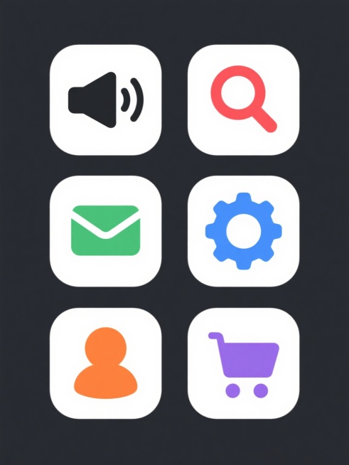 一组六个极简风格图标集合，每个图标均为纯色填充的简洁剪影，保持统一的圆角几何形态与视觉重量感，规整排列成两行三列布局。图标元素类别包括：静音喇叭（黑色）、信封邮件（红色）、搜索放大镜（蓝色）、设置齿轮（绿色）、用户头像（橙色）、购物车（紫色），每个图标均置于各自独立的白色背景色块中，整体采用扁平化设计语言，线条流畅，边缘圆润，色彩鲜明且对比清晰，符合现代UI图标设计规范。预览效果