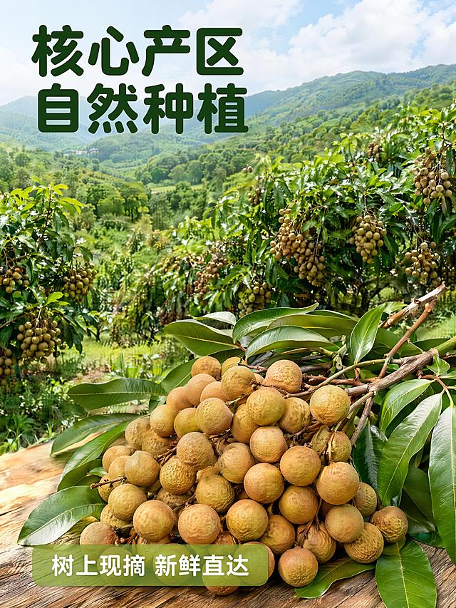 [第2屏] 产地溯源屏-储良龙眼核心产区展示。本屏使用实拍果园场景。
[氛围/风格] 自然原生态，真实果园氛围感，生鲜真实感。
[元素布局] 画面上半部分展示大面积绿色龙眼果园实景，茂密的龙眼树挂满果实，画面下半部分放置一串带枝带叶的新鲜储良龙眼作为主体，保留储良龙眼原有的外观、颜色、质感，核心产区文字占据左上角，果园实景占屏超过60%，突出产地直发优势。
[光影质感] 自然光线下，明亮通透，树叶与果实层次清晰，光影自然生动。
[配色色系] 全局底色 #E8F5E9，主色翠绿色果园，辅助色黄褐色龙眼果实。
[视角构图] 平视宽景视角，前景龙眼，中景果树，远景山林，景深自然。
[文字版式] 左上角主标题「核心产区 自然种植」深绿色粗体圆角黑体，底部半透明条标注「树上现摘 新鲜直达」白色文字，文字清晰不遮挡主体。字色统一深绿/白色，纯色无描边，符合字体规范。
[比例分辨率] 3:4竖版比例，4K分辨率，文字清晰可辨，高清画质。
[负向提示词] 变形，水印，文字错乱，文字过小，缺件错件，结构错误，颜色偏差，产品图模糊，背景杂乱
