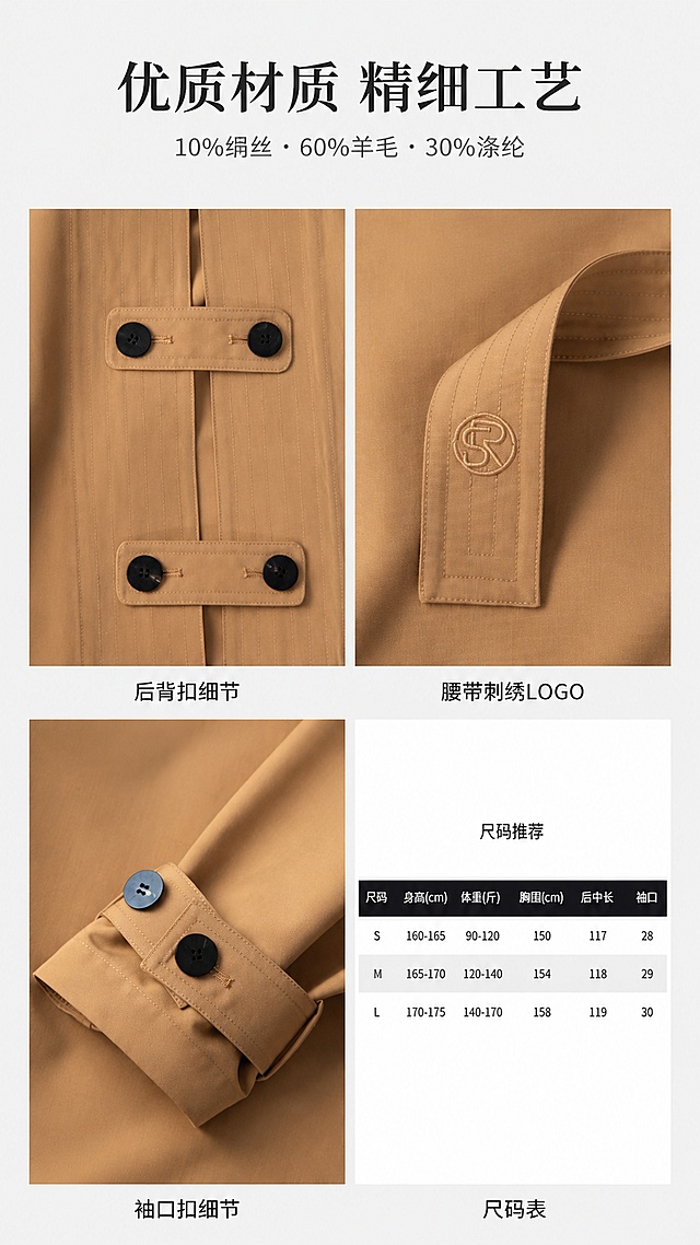使用商品详情页技能根据商品图「图片1」「图片1」「图片1」「图片1」「图片1」生成详情页，参考图为「图片1」「图片1」「图片1」「图片1」，商品名称为猎金游戏 倪星同款 禾+资源零负重丝羊毛精纺雨露系列，卖点为风衣式插肩斗篷形象结合丝毛精纺色织料打造洒脱轻盈具有流动的松弛廓形  面料甄选真丝与源自澳洲牧场的美丽诺羊毛 以突破性精纺技术致密织就，无化学涂层 亦具备一定的自然防风雨效果轻盈便捷易打理，满足日常通勤及差旅场景    ，适配平台为淘宝/天猫，图片比例为9:16，需求屏数为8张，生成欧美模特试穿图。正反面平铺图，要求细节一致，不要出错，模特与造型：极简风欧美模特，半身高清棚拍，姿态松弛，内搭针织衫，无多余配饰。 场景与背景：纯白无缝背景 + 浅灰色哑光地面，极简无干扰，完全聚焦服装。 光线与质感：影棚柔光，均匀打光，突出风衣的挺括版型，无硬阴影，低对比度，高级感 “quiet luxury” 风格。 构图与画质：居中对称构图，服装占画面主体，8K 商业棚拍画质，细节锐利，色彩低饱和偏莫兰迪调。细节图，材质为10％绢丝，60％羊毛，30％涤纶，材质版型挺阔,精细做工，走线平直，要求生成一张图片三种风格穿搭图，尺码表