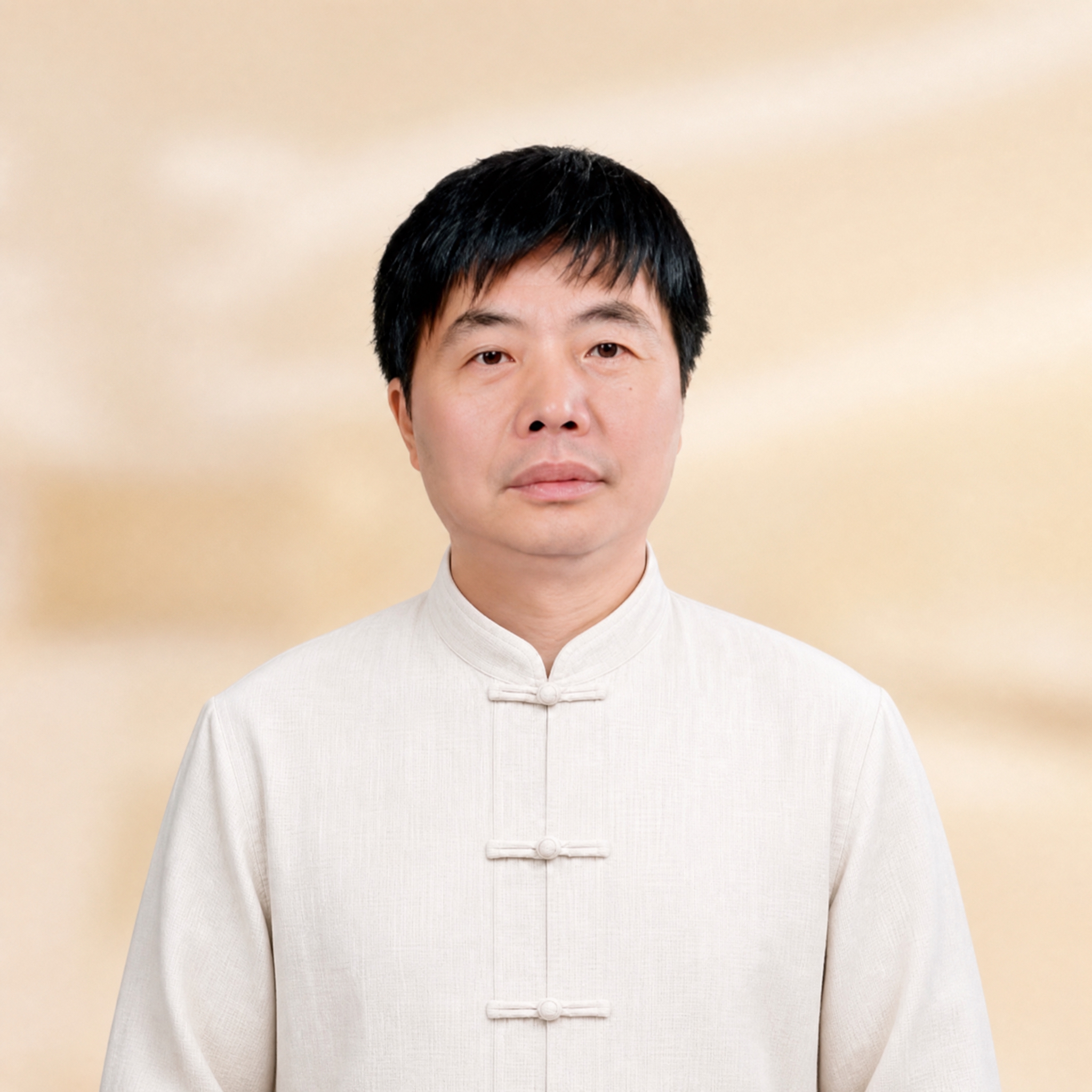 将图中男士的白色医生服替换为右图参考的米白色中式立领盘扣唐装，… - 图片创意预览
