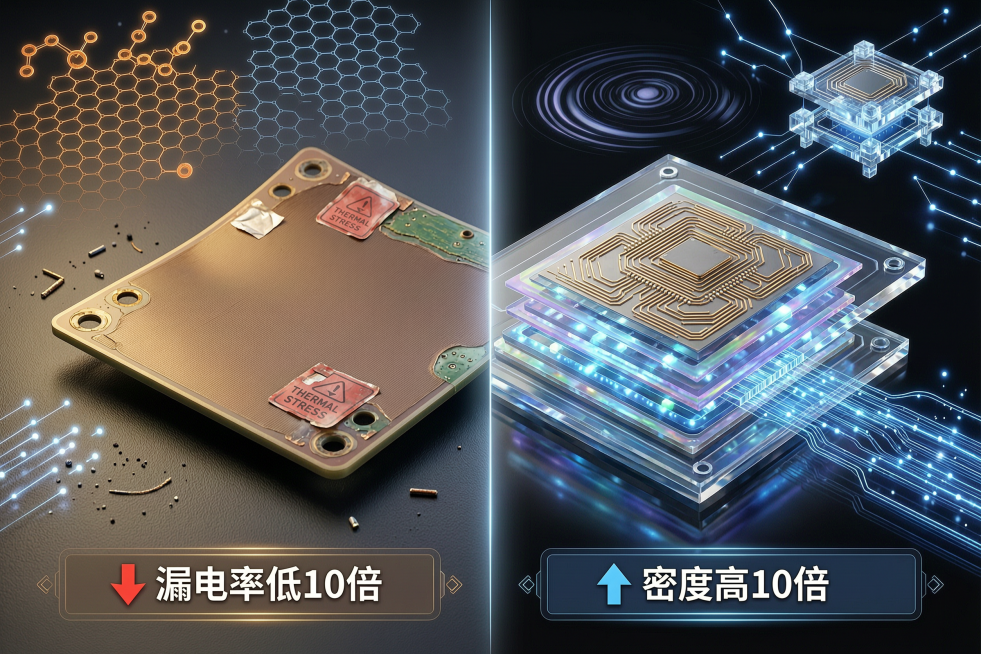 科技感3D对比示意图，画面分为左右两半：左侧是传统的有机载板，呈现棕色且略显笨重，边缘微微弯曲，暗示翘曲、散热差；右侧是全新的透明玻璃基板，晶莹剔透，上面叠加着多层发光的微芯片，数据流以高亮的蓝色光线预览效果