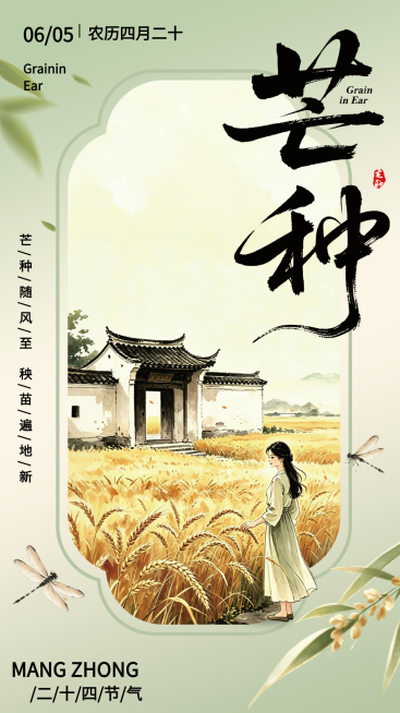 芒种节气祝福通用清新中式感竖版海报预览效果