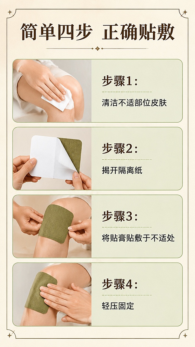 [第5屏] 使用步骤演示-恒次巴布筋骨贴正确贴敷步骤展示。
[氛围/风格] 直观清晰步骤讲解，简洁明了，适合手机阅读，接地气风格。
[元素布局] 竖版四行步骤结构，每个步骤占1/4高度，每个步骤左侧放步骤示意图，右侧放文字说明；第一步：清洁不适部位皮肤，第二步：揭开隔离纸，第三步：将贴膏贴敷于不适处，第四步：轻压固定；整体布局清晰，每个步骤分开不重叠。
[光影质感] 均匀柔光，每个步骤区域亮度一致，示意图和文字都清晰不模糊。
[配色色系] 全局底色 #F5F0E6，主色暖棕，步骤框用浅绿底区分，文字深色清晰。
[视角构图] 从上到下顺序排列，每步横向左右分栏，阅读动线流畅，符合9:16竖版浏览习惯。
[文字版式] 顶部主标题「简单四步 正确贴敷」，每个步骤标题加粗标注「步骤X：」，后续说明文字简洁，字号适中手机端清晰可读，不用蚂蚁字。
[比例分辨率] 9:16 竖版比例，4K分辨率，文字清晰可辨，高清画质。
[负向提示词] 步骤错乱，文字模糊，变形，水印，平台logo，医疗承诺，极限词。