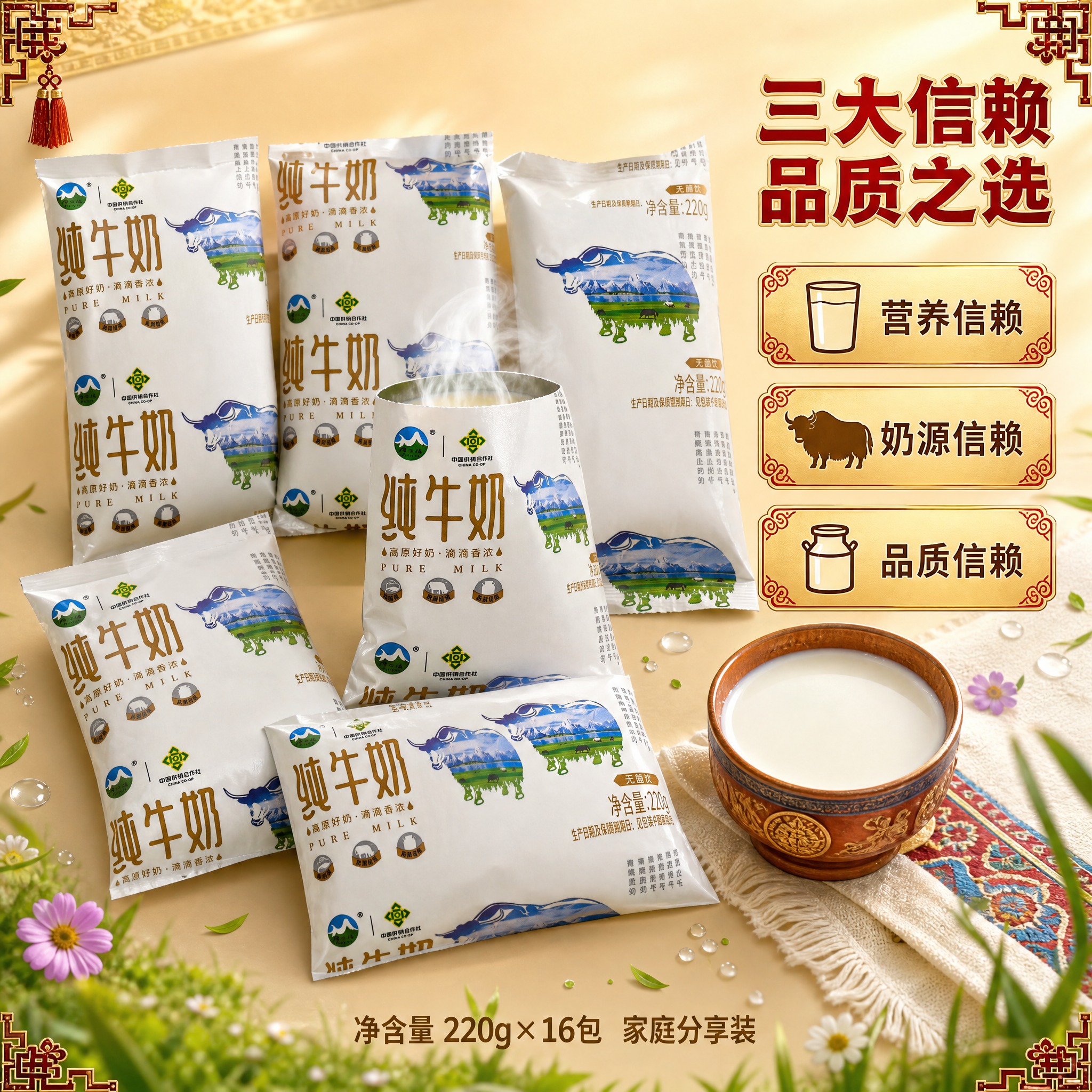 [主图-3] 微藏式纯牛奶品质展示图，俯视偏侧角度，袋装牛奶细… - 图片创意预览