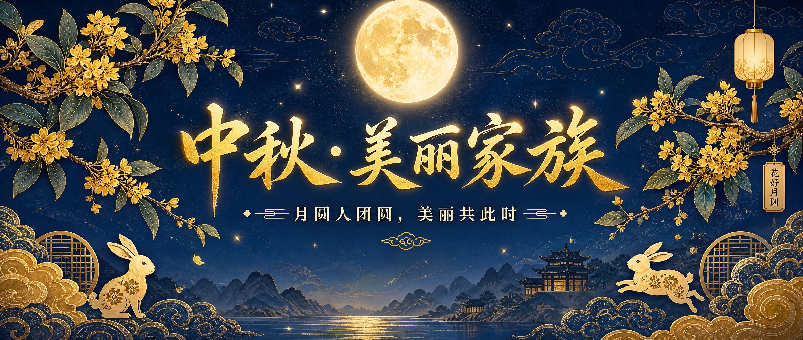 微信公众号首图，中秋节主题，国风新中式工笔风格。画面中央一轮皎… - 图片创意预览
