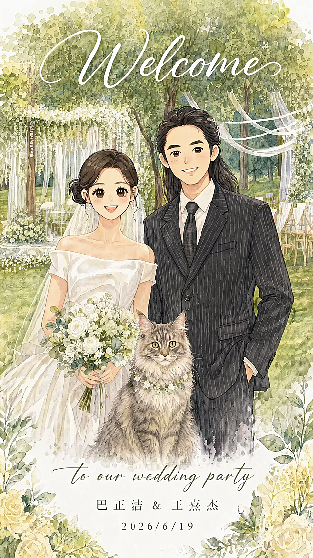 调整婚礼迎宾图，整体画风参考新参考图，参考图七的清新手绘插画风格，更偏向这种马克笔手绘质感，保留原构图和所有文案信息：最上方白色艺术字体写着"Welcome"，最下方英文"to our wedding party"，再下面是"巴正洁&王熹杰""2026/6/19"，主体还是穿着婚纱的新娘（婚纱参考原参考图一）与身着西装的新郎（西装参考原参考图二），两人中间保留可爱的缅因猫，保留新郎新娘五官特征，背景参考原图四户外森系婚礼，整体是9:16竖版