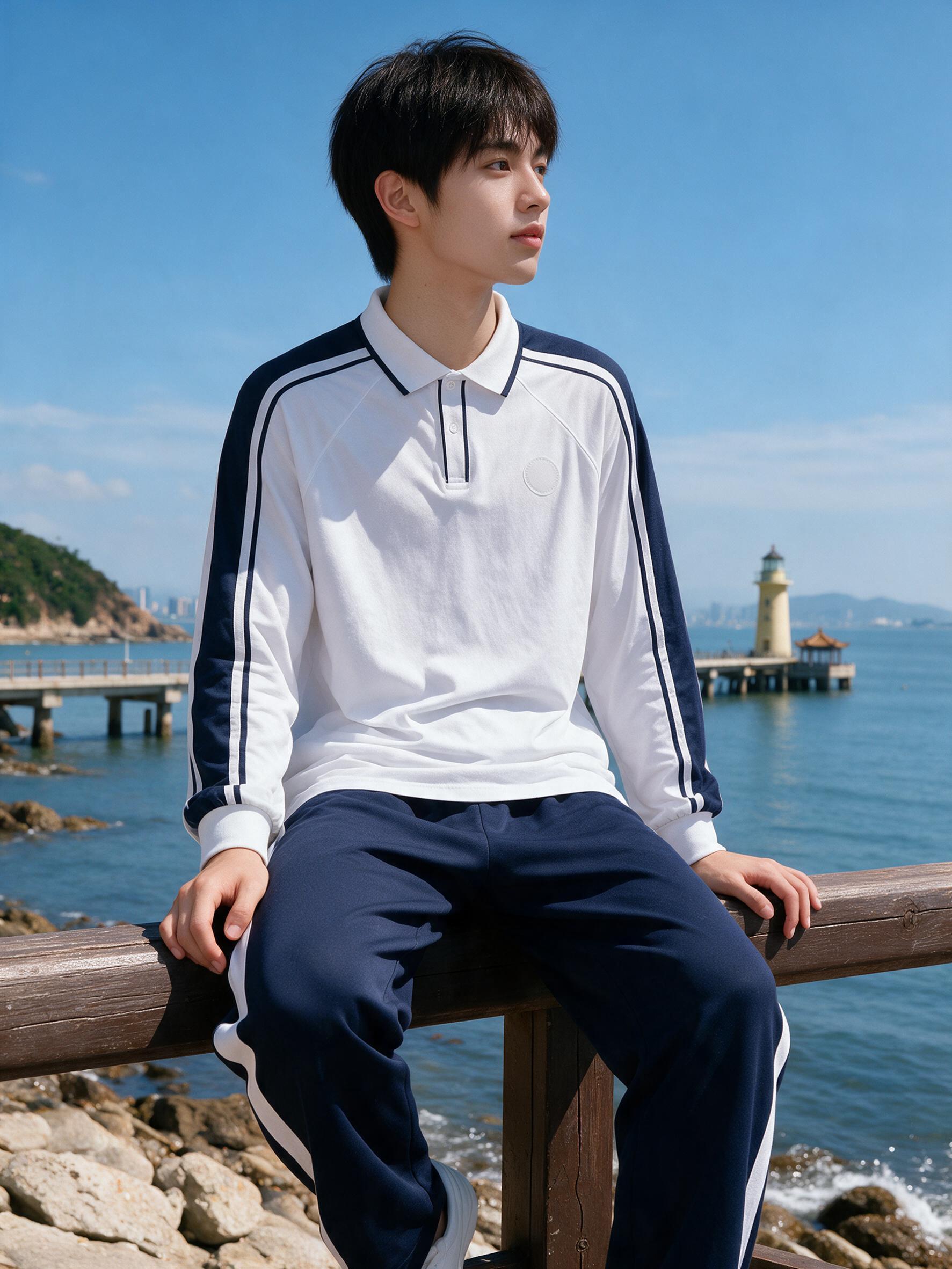 海滨风景，少年男模特半身照。模特保持参考图的面容（黑色蓬松短发… - 图片创意预览