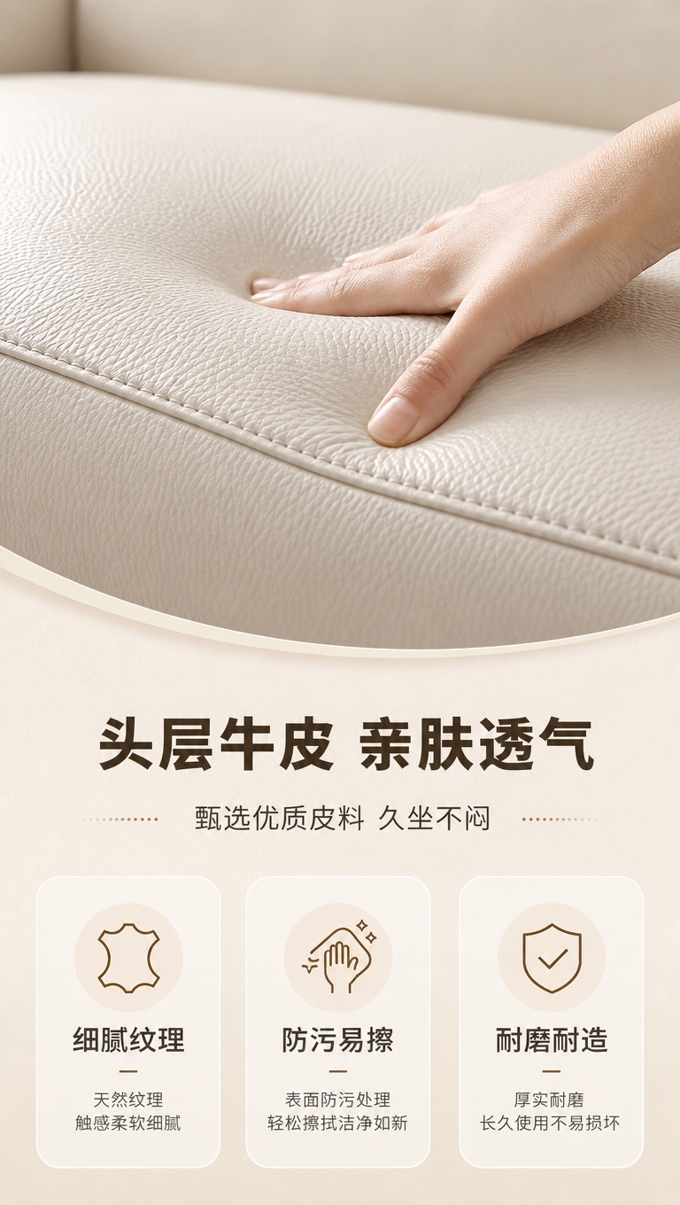 [商品] 使用【图1】米白色皮质三人位功能沙发；重点展示皮面材… - 图片创意预览