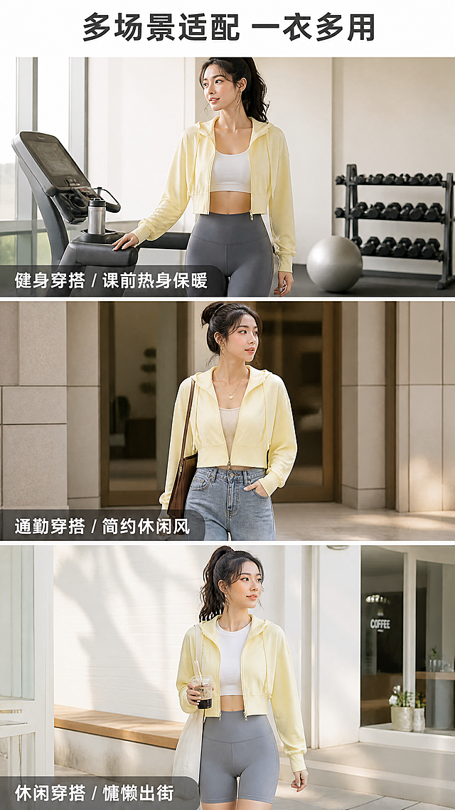 [第7屏] 多场景搭配展示屏，呈现健身、通勤、休闲三种不同穿搭方案。
[氛围/风格] 生活方式风，真实场景感，明快活力，展示多种搭配可能性。
[元素布局] 画面竖向三等分，每个格子展示一种搭配场景。第一格健身搭配：内搭运动bra+高腰瑜伽裤，使用本款外套外搭，保持产品颜色版型不变；第二格通勤搭配：内搭针织吊带+直筒牛仔裤，外套外穿；第三格休闲搭配：内搭短T恤+鲨鱼裤，休闲出街。三个格子上下排列，每个格子都保留外套原有外观特征，下方配场景文字说明。背景为每个格子搭配不同浅色调场景背景，整体和谐统一。
[光影质感] 每个场景区域光线均匀自然，符合场景氛围，外套产品颜色和细节在三个场景中都保持一致清晰，整体明暗层次自然。
[配色色系] 全局底色：#FFFFFF（纯白）；每个场景背景使用不同浅色调，文字统一为深灰色，主产品颜色与输入一致。
[视角构图] 竖向三格拼图版式，从上到下依次展示三种搭配，符合竖屏浏览逻辑，每个场景都能看清整体穿搭效果。
[文字版式] 顶部大标题"多场景适配 一衣多用"加粗居中。每个场景格子底部标注场景名称："健身穿搭 / 课前热身保暖"、"通勤穿搭 / 简约休闲风"、"休闲穿搭 / 慵懒出街"，白色文字配半透明深色底，清晰不遮挡穿搭主体。
[比例分辨率] 9:16竖版比例，4K分辨率，文字清晰可辨，超高清。
[负向提示词] 外套版型变形，颜色不一致，场景混乱，文字错位，拼图边缘模糊，整体不协调