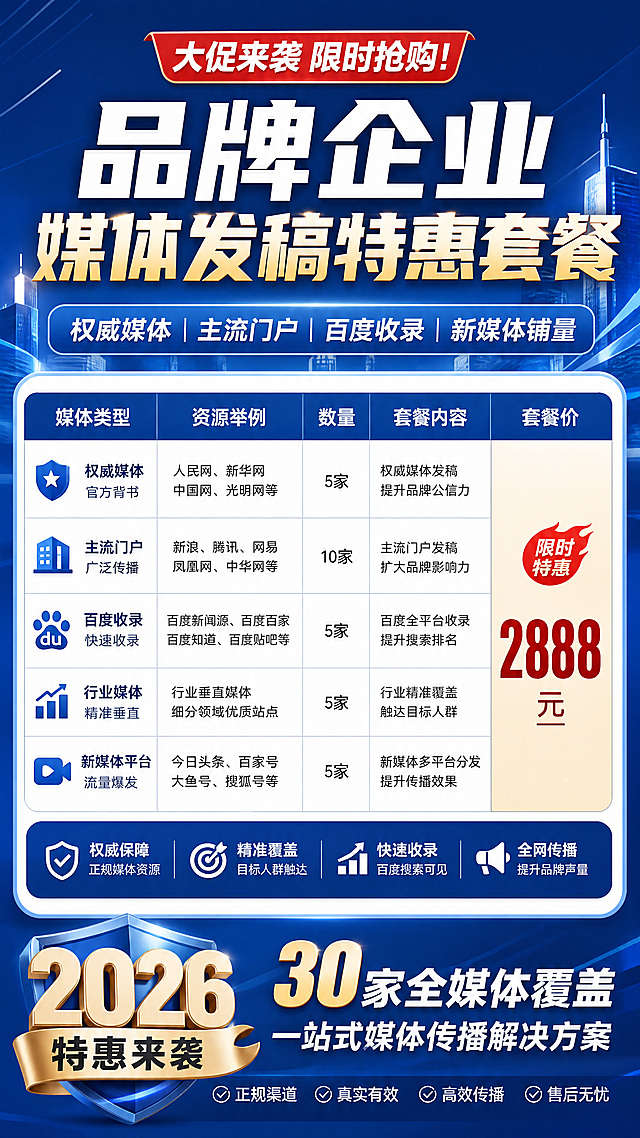 小红书竖版9:16朋友圈套餐宣传图，主标题大字：品牌企业媒体发稿特惠套餐，副标题：权威媒体 主流门户 百度收录 新媒体铺量，整体风格大促来袭，营造重磅优惠紧迫感，采用蓝色商务风格，表格清晰列出所有媒体类型和套餐价格，底部标注2026特惠，30家全媒体覆盖，价格清晰显示套餐价：2888元，版式精美，文字清晰，配色专业大气