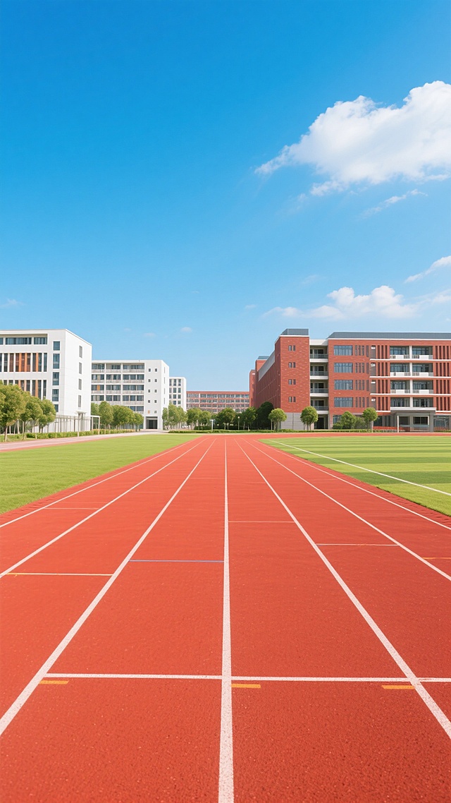 超写实摄影，中央透视构图下，晴朗天空下开阔整洁校园运动场，红色塑胶跑道清晰白分道线，两侧翠绿草坪，远处现代教学楼群，左白楼右红砖，蓝天白云映衬，阳光明媚，尽显活力干净现实背景