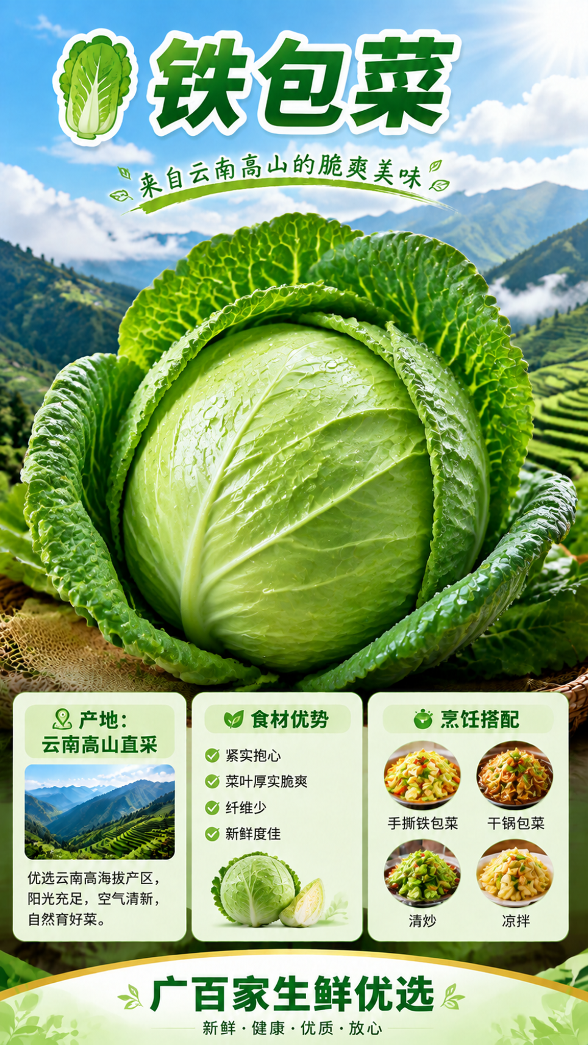 参考图中的版式结构和设计风格，将主体蔬菜替换为铁包菜（牛心包菜… - 图片创意预览