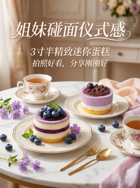 制作一张甜品宣传海报，主题是姐妹碰面仪式感的3寸半精致迷你蛋糕，拍照好看适合分享，将提供的两款蛋糕图片融入画面，整体风格温馨甜美，适合朋友圈分享，海报添加文字“姐妹碰面仪式感，3寸半精致迷你蛋糕，拍照预览效果