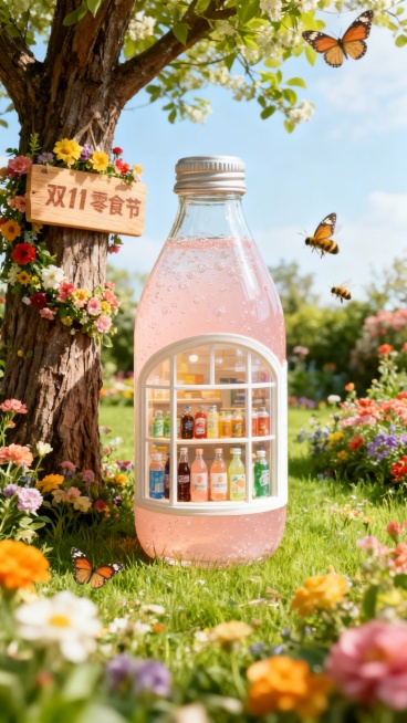 以春日鲜花盛开的花园为背景，中央是巨型参考图的蜜桃气泡水瓶（去掉背景杂色和字）摆在草地上，巨型水瓶内部设计成橱窗形式，展示着各类饮料，树干上有鲜花缠绕的木质招牌写 “双 11 零食节”，周围有蝴蝶、蜜预览效果