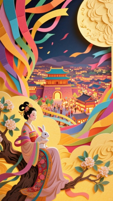 全景构图，近景是嫦娥抱着兔子坐在桂花树上看着中景，中景是古城宫殿，各种各样的彩纸环绕古城，远景是繁荣的城镇，画面整体喜庆华丽，整体氛围呈现喜庆的暖色调预览效果
