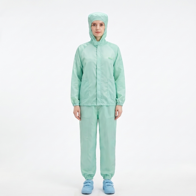 给这张浅绿色防护服模特图加上一双浅蓝色防静电工作鞋，保持1比1正方形构图，纯白色背景，风格和原图保持一致，整体自然和谐预览效果