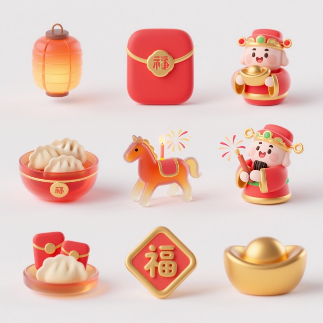 创作一组清新可爱的新年 ICON。核心创意为新春民俗主题图标集合，扁平化风格，多细节高质量，采用红色、黄金色低饱和度的色调，元素具有通透的玻璃渐变层次与立体质感。 元素细节与布局: 图标集合：共 9预览效果