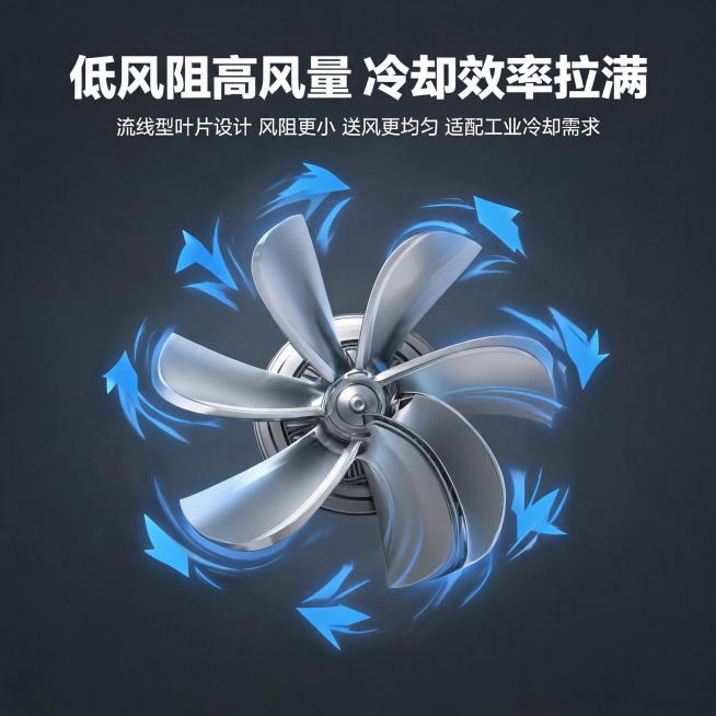 1:1 竖版电商主图，无需完整展示产品，以风叶的工作性能可视化呈现为主；画面中心为风叶的半剖动态示意图，搭配气流流动的可视化箭头，直观展示风叶转动时的送风路径；主标题“低风阻高风量 冷却效率拉满”放置预览效果