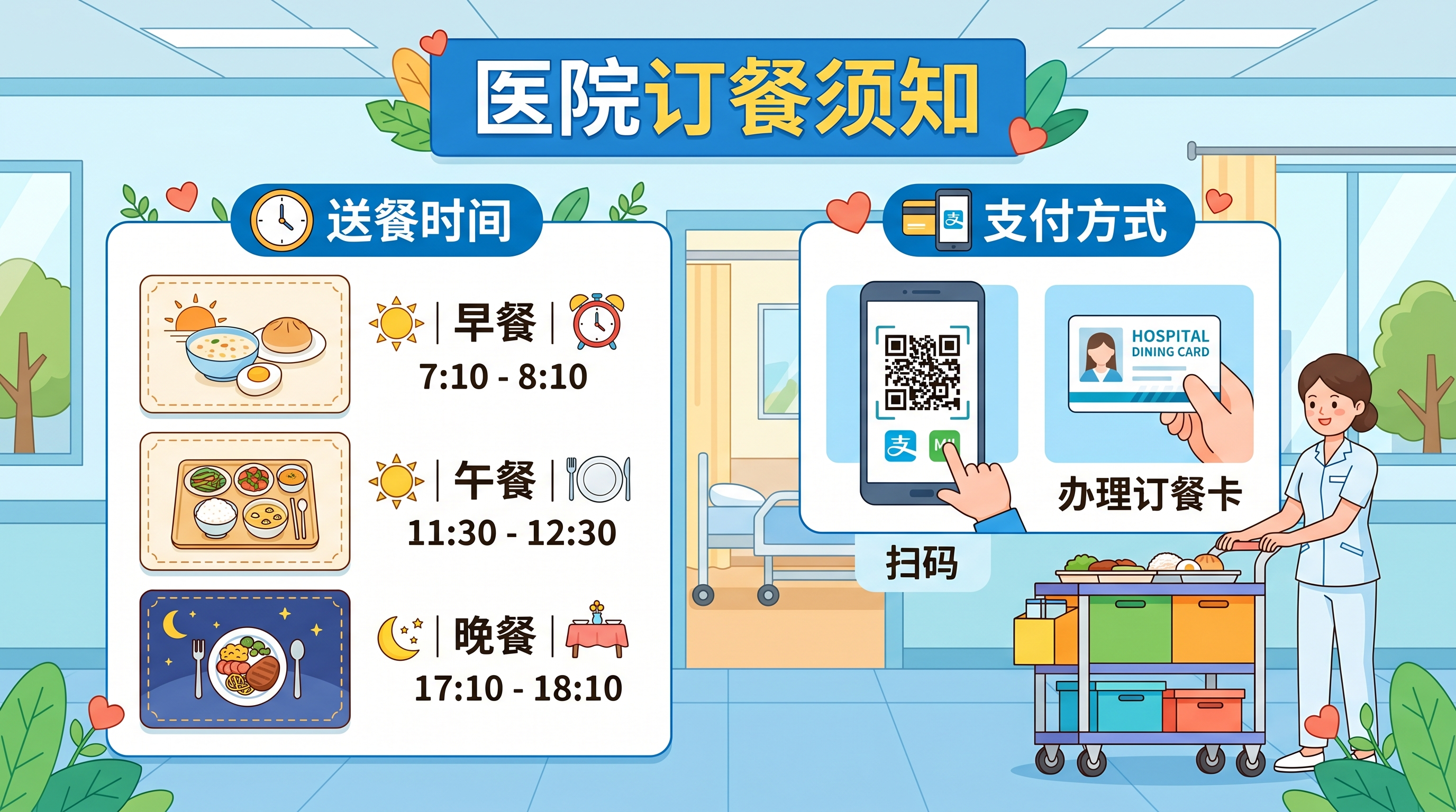 医院订餐须知插画，展示送餐时间：早餐7:10 - 8:10，午… - 图片创意预览