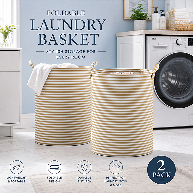 Two-pack fabric foldable storage basket for bathroom laundry, toys and clothes storage, suitable for Shein e-commerce main image, placed in a modern American bathroom next to the washing machine, clean and bright home style, the product text is "FOLDABLE LAUNDRY BASKET", English text, font style consistent with the picture, highlight the product, attractive to American consumers, 1:1 square image