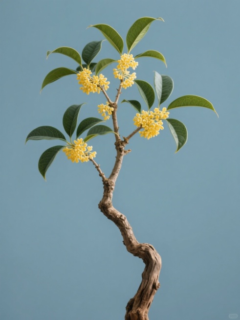 简约现代风格的系列素材，第一张，纯色背景，画面中是一株精心造型的桂花树枝，树干呈现自然弯曲的古朴形态，木质纹理清晰可见，枝干上点缀着簇簇鲜艳的黄色桂花和翠绿的叶片，整体构图规整，元素单一，无任何文字、logo和水印。预览效果