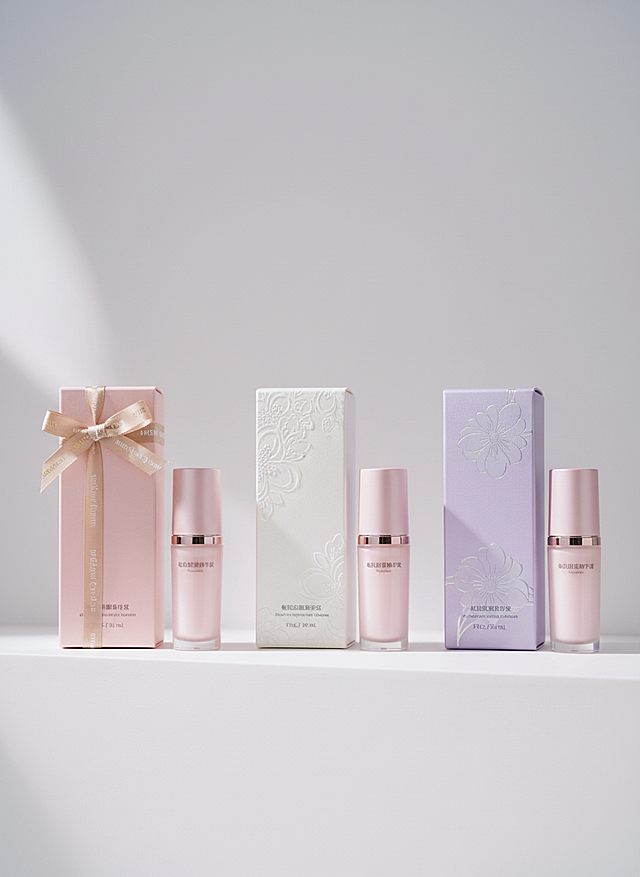 以图中的化妆品为元素，设计3款包装盒，要求设计感浪漫优雅，产品正放在包装盒旁边，包装盒和产品都立在桌子上，设计感。纯色背景，高级质感。
