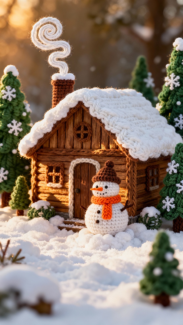 精致的钩针编织艺术风格冬日场景，暖色调为主，展现一座被柔和白雪覆盖的小木屋，木屋屋顶铺着厚厚的白色钩针毛线“积雪”，烟囱里冒出卷曲的白色钩针“炊烟”，门前堆着一个圆滚滚的钩针雪人，戴着橙色钩针围巾和棕色钩针帽子，周围环绕着绿色钩针常绿树，树上点缀着白色钩针雪花，地面覆盖着蓬松的白色钩针“雪地”，阳光洒下温暖的金色光芒，照亮木屋的棕色木板纹理和雪地上的钩针编织纹理，整体画面充满温馨治愈的冬日氛围，细节丰富，立体感强，钩针编织的质感细腻真实，光影柔和，色彩和谐统一。